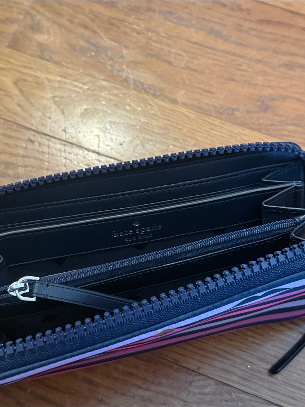 kate spade Navy Wallet with Pink & Purple Stripes